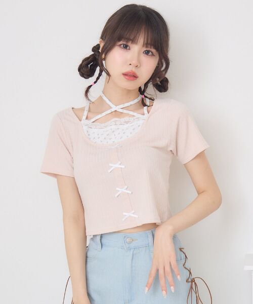 Emsexcite(エムズエキサイト) tシャツ 前リボンキャミドッキングCT Emsexcite(エムズエキサイト) tシャツ 前リボンキャミドッキングCT