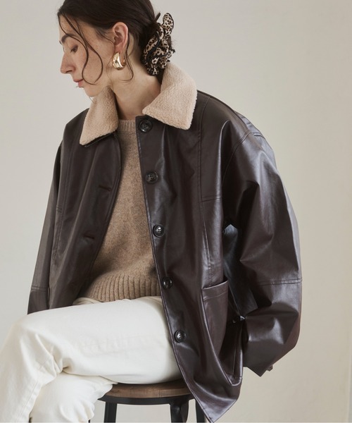 ANGIE カバーオール 「ボア襟取り外し」フェイクレザーカバーオール