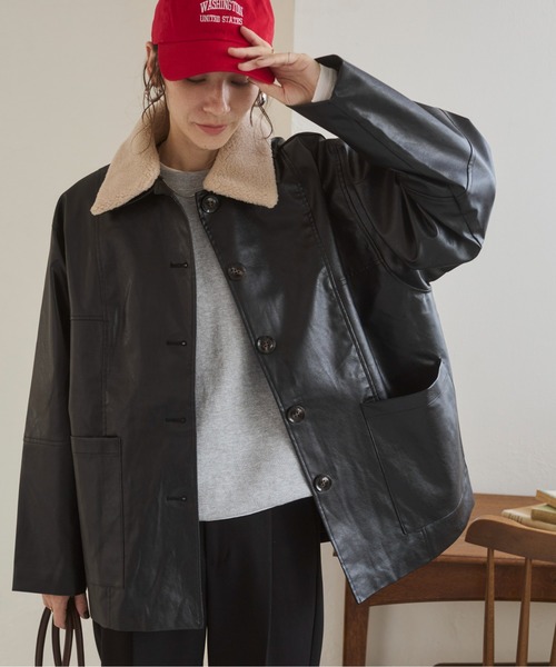 ANGIE カバーオール 「ボア襟取り外し」フェイクレザーカバーオール