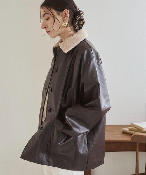 ANGIE カバーオール 「ボア襟取り外し」フェイクレザーカバーオール
