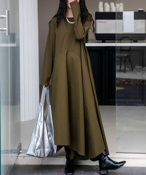 LOWO ワンピース 異素材 ドッキング アシンメトリー ワンピース ロング