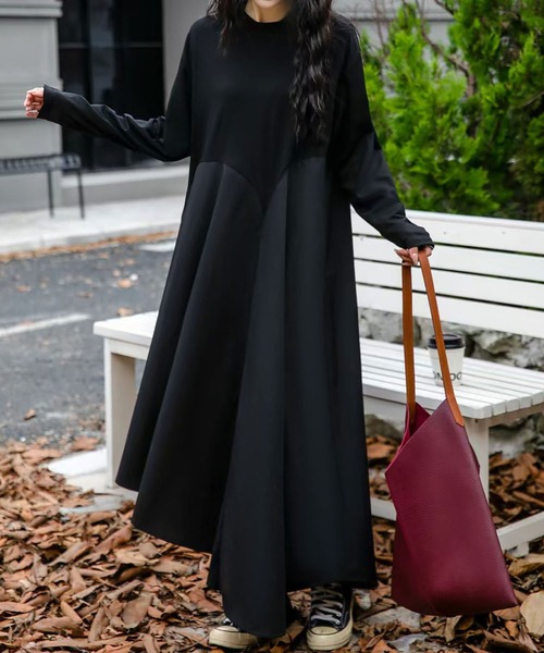 LOWO ワンピース 異素材 ドッキング アシンメトリー ワンピース ロング