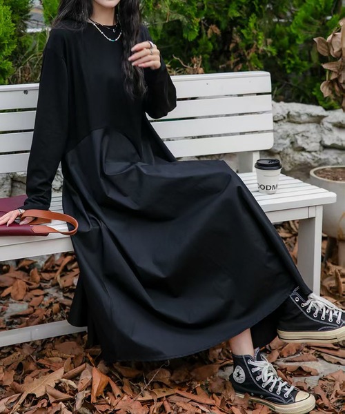 LOWO ワンピース 異素材 ドッキング アシンメトリー ワンピース ロング