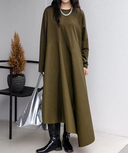 LOWO ワンピース 異素材 ドッキング アシンメトリー ワンピース ロング