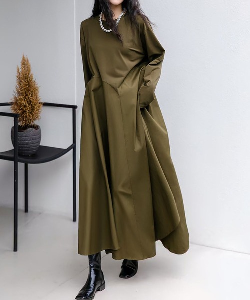 LOWO ワンピース 異素材 ドッキング アシンメトリー ワンピース ロング