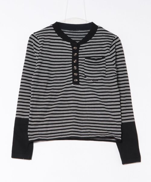 Sibra（シブラ） tシャツ ストライプヘンリーネック×配色ボタン長袖