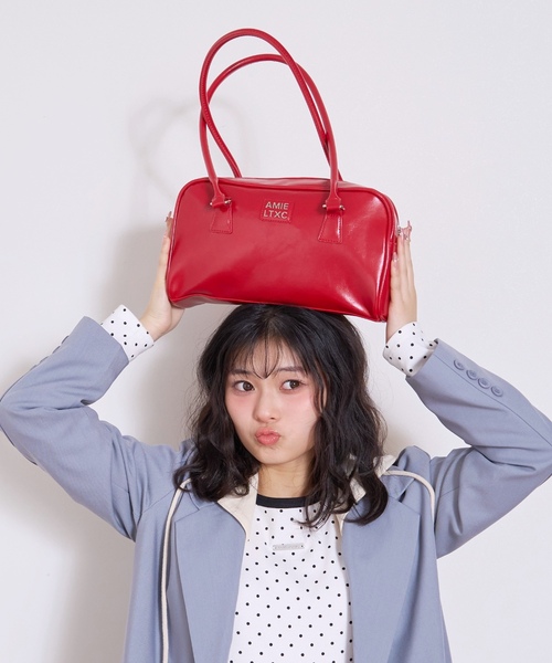 赤いストライプボストンバッグ LOVETOXIC ボストンバッグ 「LTXC」スクエアロングハンドルボストン