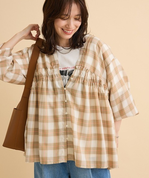 GASA / ガサ | grue / コットン チェック スクエア ブラウス シャツ | ベージュ/ライトグリーン | レディース チェック柄シャーリングスクエアネックブラウス[tg555a] | レディース