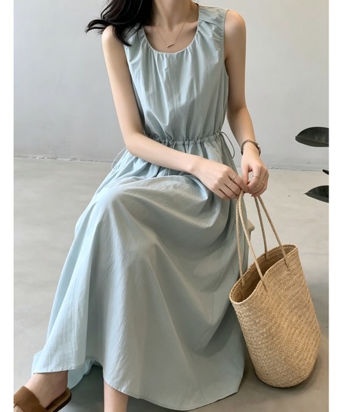 Aelina ワンピース Uネックドローストリングノースリーブワンピース
