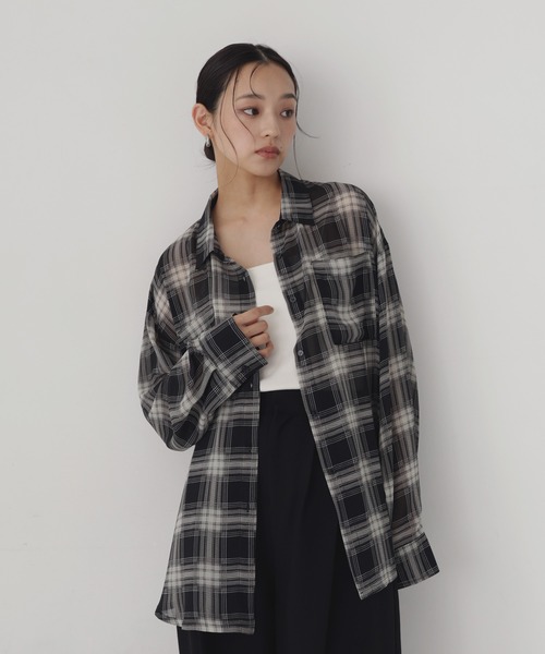 完売 美品 アドーア モノトーンチェックブラウス シャツ 38 背中ボタン hellam（ヘラム） ブラウス シャツ シアーチェックオーバーサイズ