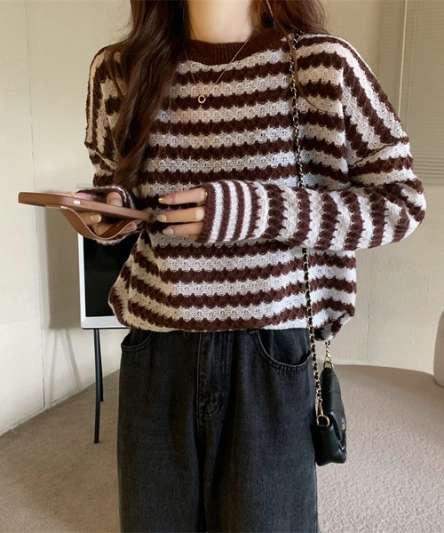 ニット セーター ラメ混ボーダークルーネックニット レディース Te chichi TERRASSE ニット セーター ラメ混プリーツ編みニット