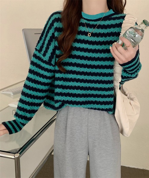 ニット セーター ラメ混ボーダークルーネックニット レディース Te chichi TERRASSE ニット セーター ラメ混プリーツ編みニット