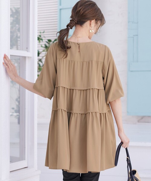 MIDIUMISOLID ティアードボリュームシャツ　チュニック　ブラウス MIDIUMISOLID for Ladies ハイネックギャザーブラウス