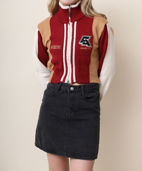 ニット セーター 「HOOK」for girls レーシング風切り替えブルゾンニット　ショット丈 レディース