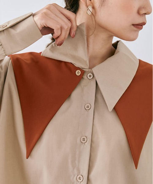 美品 plage 2WAY クラシック タフタシャツ バンドカラー ベージュ Plage - 美品 plage 2WAY クラシック タフタシャツ バンドカラー
