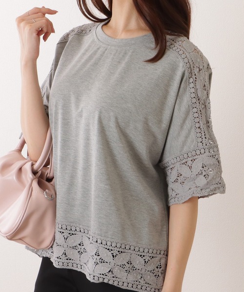DAKS 薄いグレー レース長袖チュニックと半袖トップスのアンサンブル　38 Lace Ladies（レースレディース） tシャツ 半袖 ラウンドネック レース
