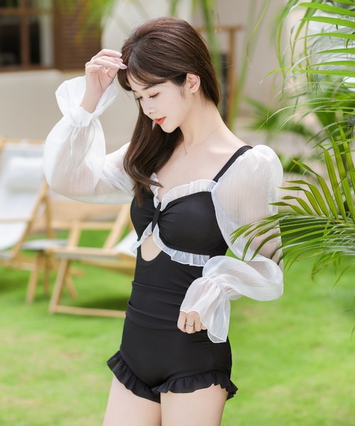 水着 ワンピース スイムウェア シフォン シアー感 長袖 M/XL Amazon | [MXN] 水着 ワンピース ビキニ レディース 水色 ブルー