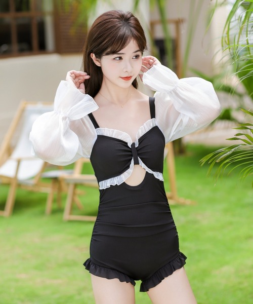 ★SEA NY★フリルワンピーススイムウェア ブラック★送関込み swim wear collection 2025🍒 【フリルネックフレアワンピース