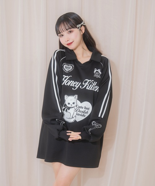 tシャツ Honey Kitten袖ラインユニフォームトップス レディース