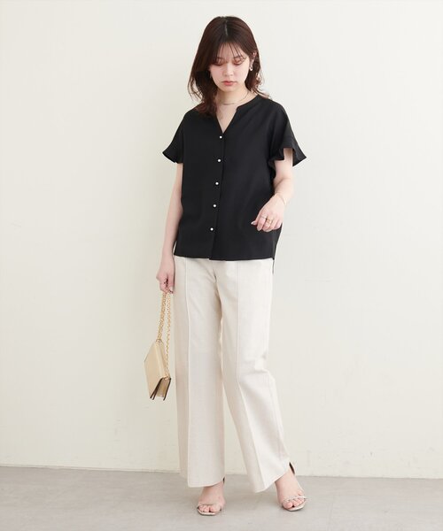 natural couture ブラウス シャツ 麻調合繊フリル袖ブラウス