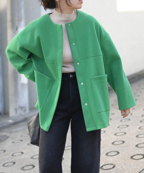 ＆HALF 「noa-ge」ノーカラージャケット M オレンジ レディース