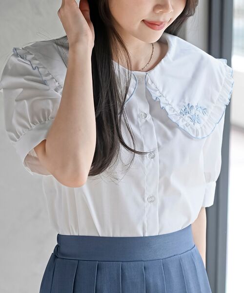 r・p・s ブラウス シャツ 刺繍入りフリル衿5分袖ブラウス