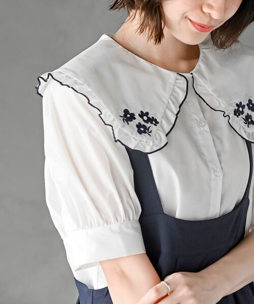 ブラウス シャツ 5分袖衿フリルブラウス レディース r・p・s ブラウス シャツ 刺繍入りフリル衿5分袖ブラウス