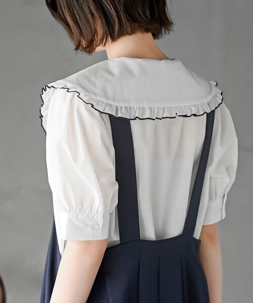 r・p・s ブラウス シャツ 刺繍入りフリル衿5分袖ブラウス