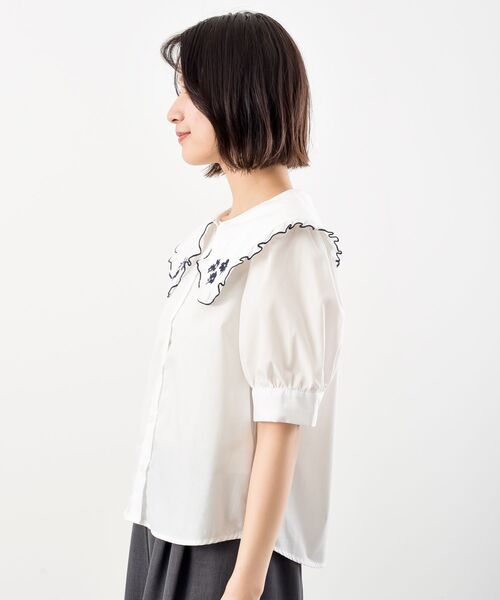 ブラウス シャツ 5分袖衿フリルブラウス レディース r・p・s ブラウス シャツ 刺繍入りフリル衿5分袖ブラウス