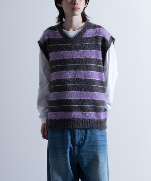 ニット セーター 「Shaggy Solid/Border Loose V-neck Knit Sweater / シャギー 無地/ボーダー柄 ルーズ