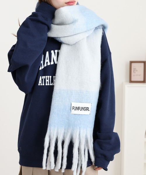 ロゴ入りマフラー ホワイト/ブルー lit.Cy（リットシー） マフラー ストール フェードカラーブロック