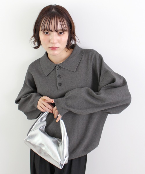 【新品・未使用】ポロニットトップス グレー ニット セーター 「新色追加」襟付きポロカラーニットトップス