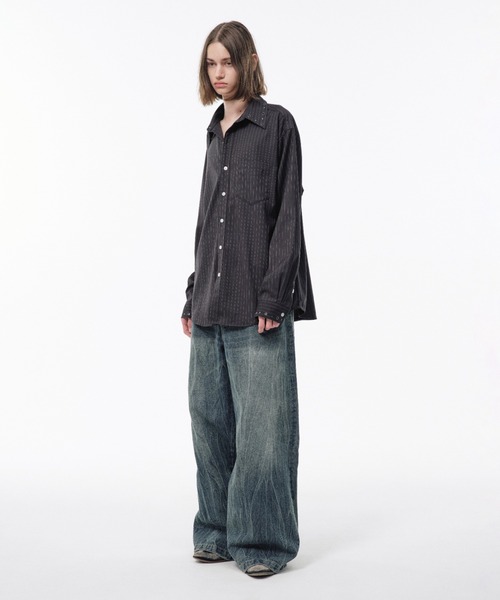CAMPHOR WOOD ストライプシャツ　レイヤードラメニット Camphor wood シャツ EYELET REGULAR COLLAR STRIPE L/S SHIRT