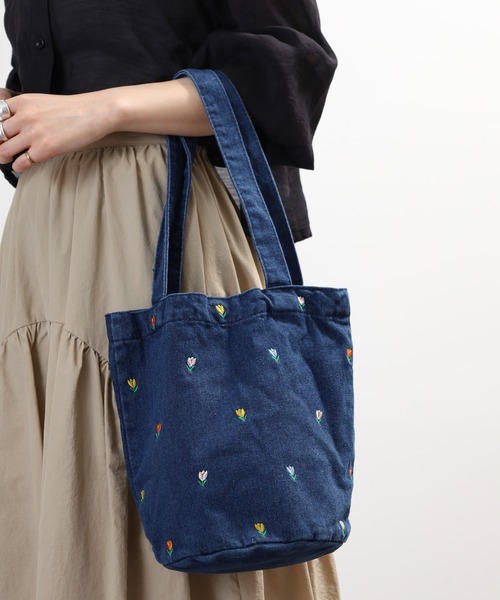 Crossi トートバッグ チューリップ刺繍デニムトートバッグ レディース