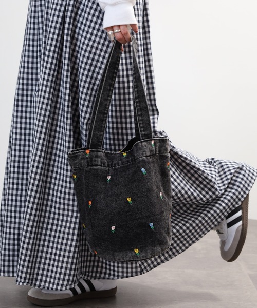 Crossi トートバッグ チューリップ刺繍デニムトートバッグ レディース