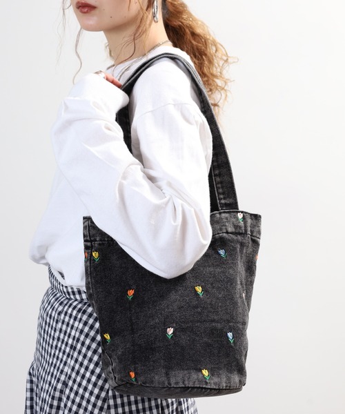 Crossi トートバッグ チューリップ刺繍デニムトートバッグ レディース