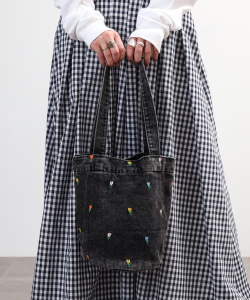 Crossi トートバッグ チューリップ刺繍デニムトートバッグ レディース