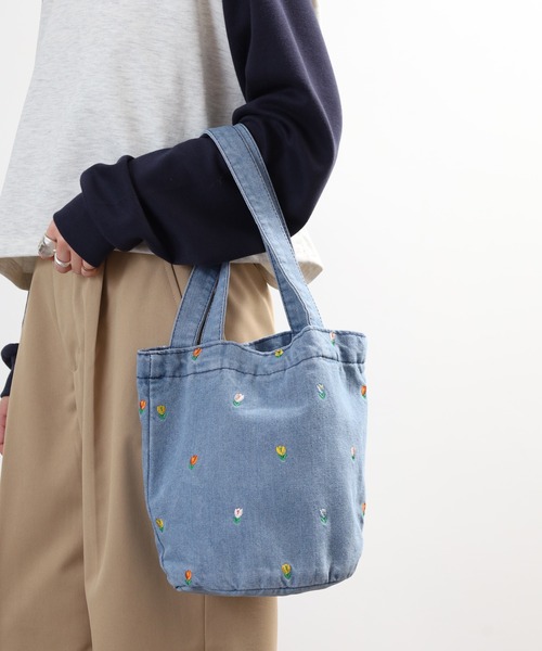 Crossi トートバッグ チューリップ刺繍デニムトートバッグ レディース