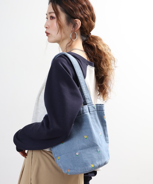 Crossi トートバッグ チューリップ刺繍デニムトートバッグ レディース