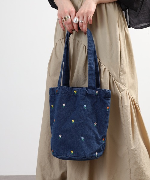 Crossi トートバッグ チューリップ刺繍デニムトートバッグ レディース