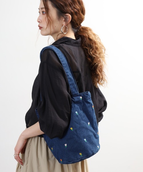 Crossi トートバッグ チューリップ刺繍デニムトートバッグ レディース