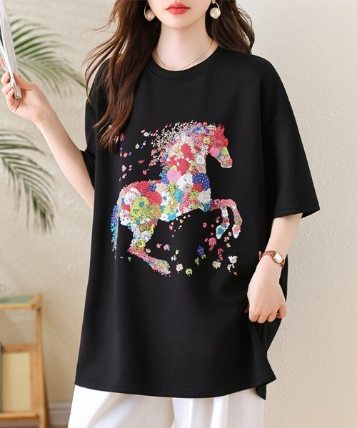 tシャツ 半袖 花柄ホースモチーフTシャツ レディース | ブランド登録なし | 02