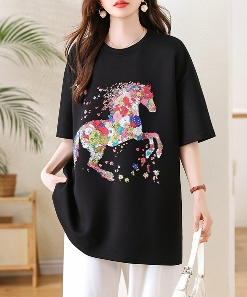 tシャツ 半袖 花柄ホースモチーフTシャツ レディース | ブランド登録なし | 03