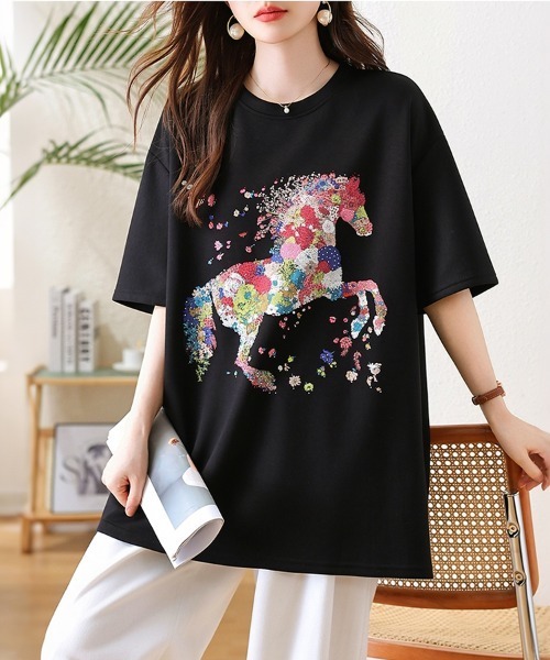 tシャツ 半袖 花柄ホースモチーフTシャツ レディース | ブランド登録なし | 04