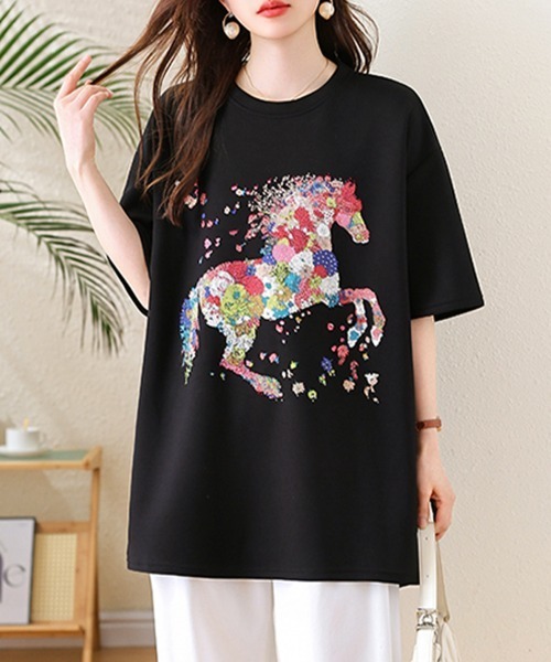 tシャツ 半袖 花柄ホースモチーフTシャツ レディース | ブランド登録なし | 05