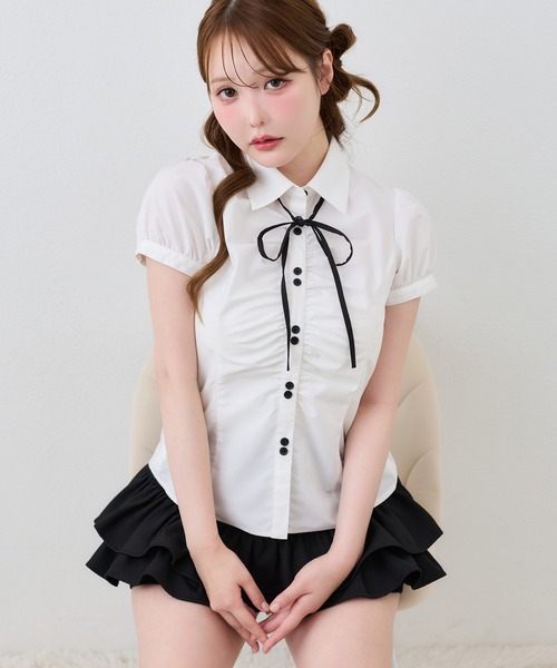 6 ROKU リボンタイ半袖シャツ ホワイト バックギャザー TIE SHIRT one after another NICE CLAUP ブラウス シャツ 半袖 リボンタイ付き