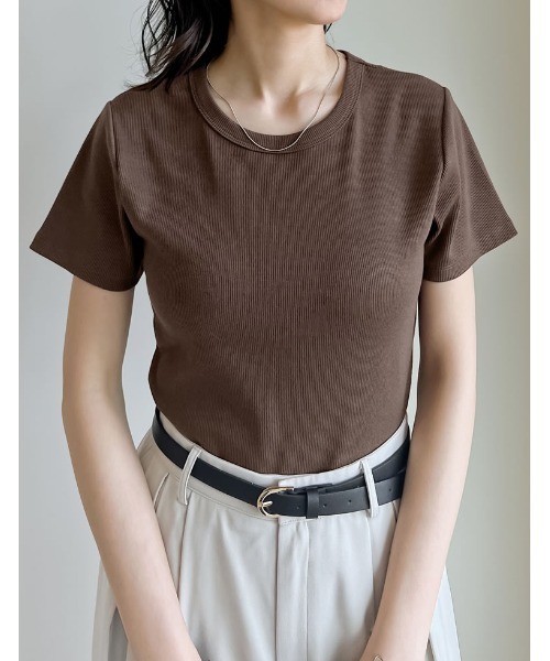 tシャツ テレコ リブ クルーネック トップス レディース andme tシャツ テレコリブショート丈クルーネックトップス