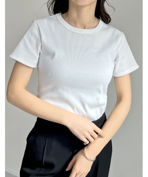 tシャツ テレコ リブ クルーネック トップス レディース andme tシャツ テレコリブショート丈クルーネックトップス