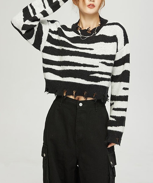 ニット セーター 「HOOK」for girls ゼブラ模様ニット　ショット丈 レディース ニット セーター 「HOOK」for girls ゼブラ模様ニット ショット