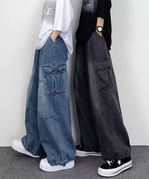 PEOPLESTYLE ワイドデニムカーゴパンツジーンズウォッシュド PEOPLESTYLE ワイドデニムカーゴパンツジーンズウォッシュド